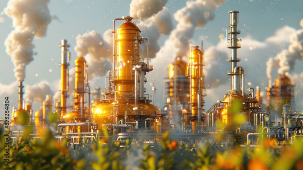 Industrial facility with orange towers and smoke at sunset Industrial facility with orange towers and smoke at sunset