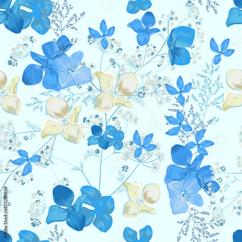 Beautiful vector floral gentle blue hydrangea flowers pattern. Simple style