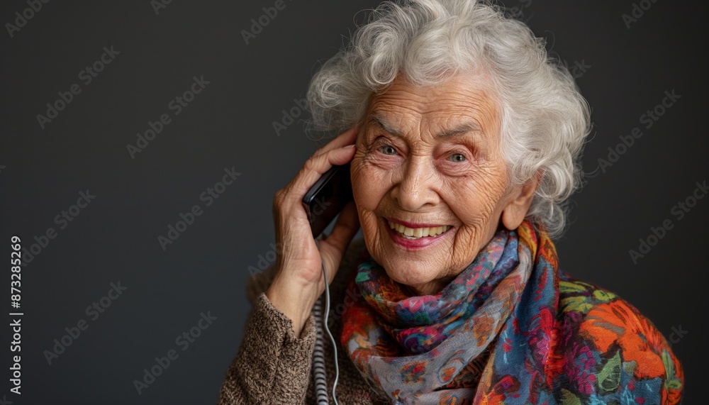 An elderly woman with white hair, smiling and talking on the phone while wearing a patterned, colorful scarf against a dark background, conveying warmth and connection. An elderly woman with white hair, smiling and talking on the phone while wearing a patterned, colorful scarf against a dark background, conveying warmth and connection.