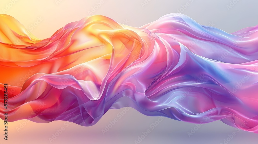Abstract colorful flowing silk fabric waves in gradient hues of orange, pink, and purple creating an artistic and dreamy visual effect. Abstract colorful flowing silk fabric waves in gradient hues of orange, pink, and purple creating an artistic and dreamy visual effect.