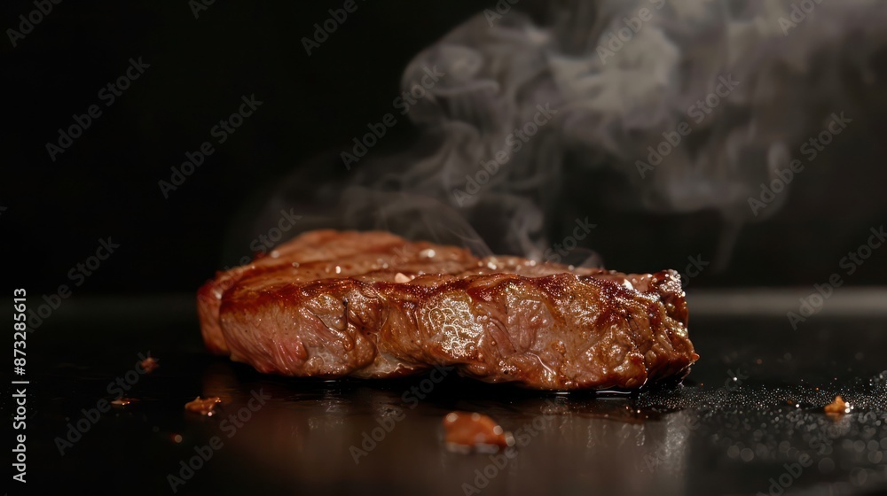 Juicy steak sizzling on a black surface with smoke rising up. Juicy steak sizzling on a black surface with smoke rising up.