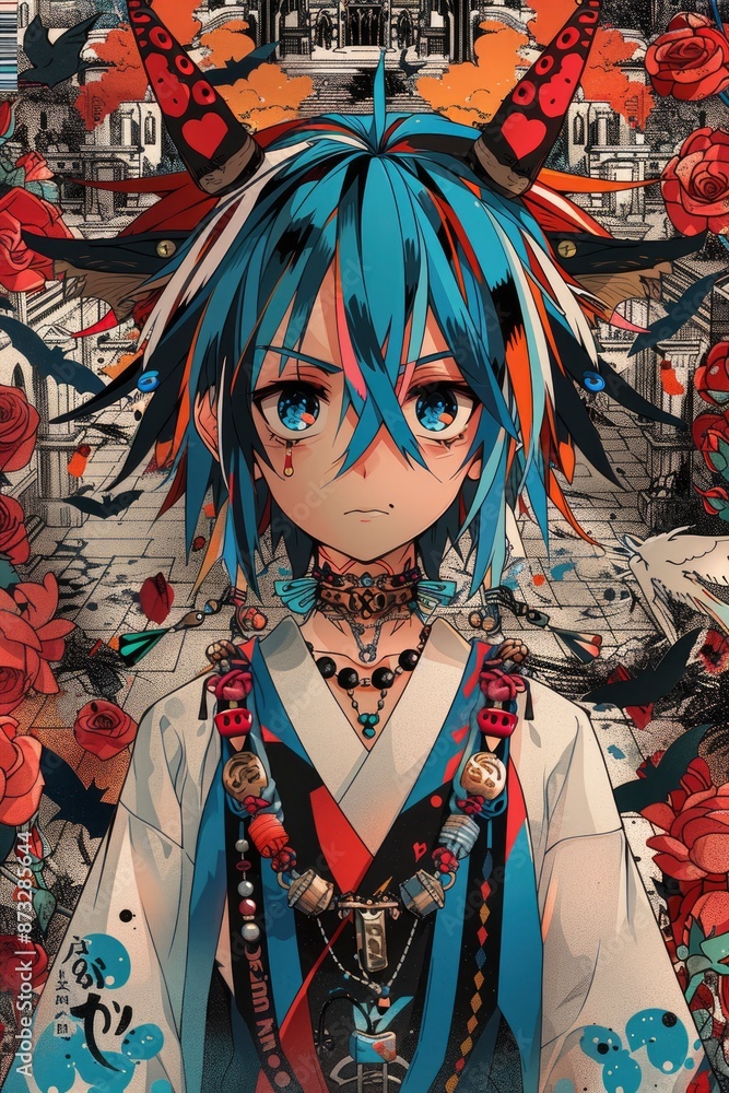 Fototapeta premium A vibrant anime-style illustration of a futuristic soldier with a high-tech rifle, wearing advanced armor.