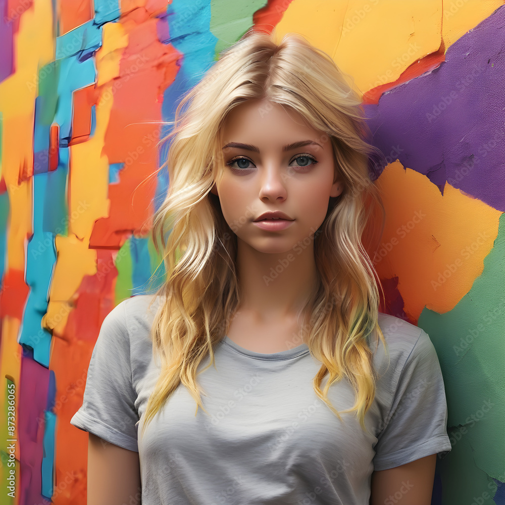 Belleza Juvenil: Mujer Rubia en un Fondo Colorido y Vivo Belleza Juvenil: Mujer Rubia en un Fondo Colorido y Vivo