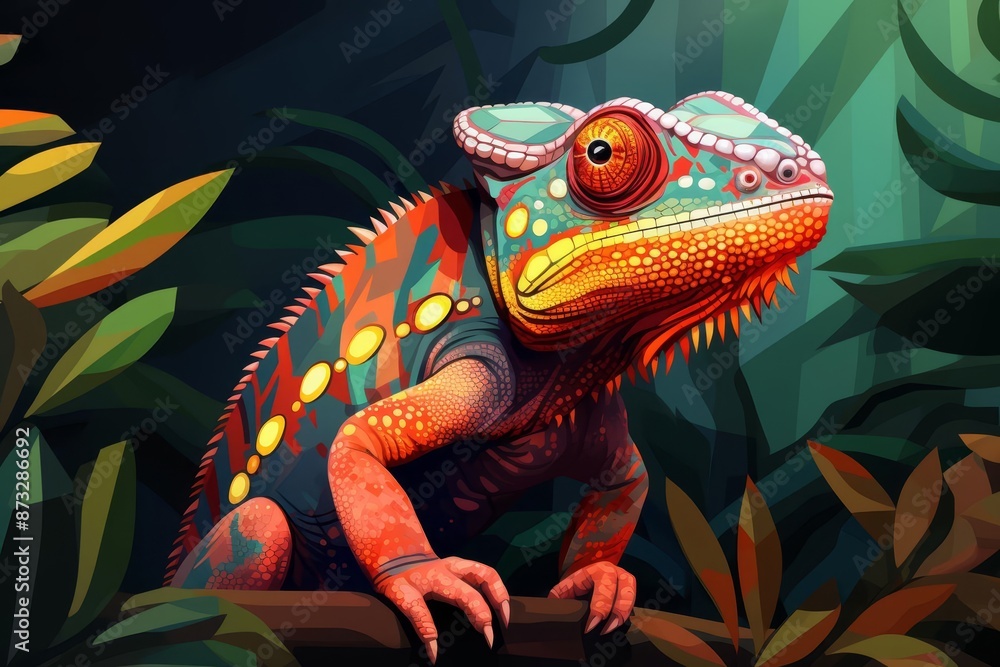 Obraz premium Chameleon posed with changing colors flat design top view rainforest theme cartoon drawing vivid