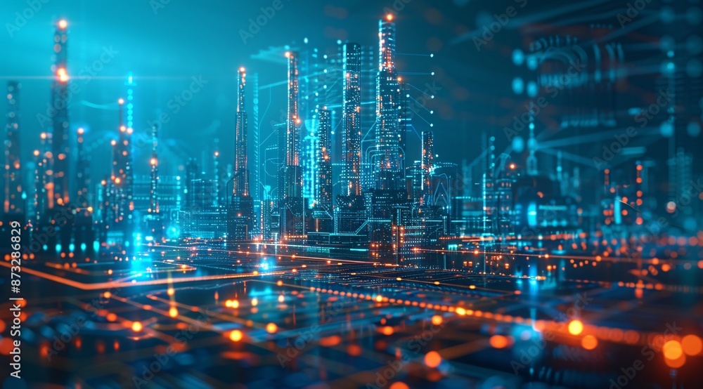 A digital oil plant with glowing graphs and data points, symbolizing the impact of AI on industrial technology. The background is an abstract cityscape at night, illuminated by blue lights. This A digital oil plant with glowing graphs and data points, symbolizing the impact of AI on industrial technology. The background is an abstract cityscape at night, illuminated by blue lights. This