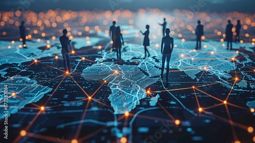 Business network concept with business people standing on a global map connected by glowing connections. High quality photo of businesspeople in suits connecting their interconnected networks using