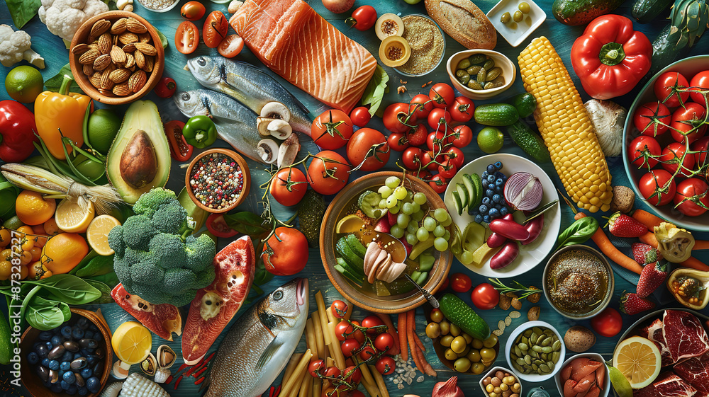 Beautiful Assortment of healthy food dishes top view Beautiful Assortment of healthy food dishes top view