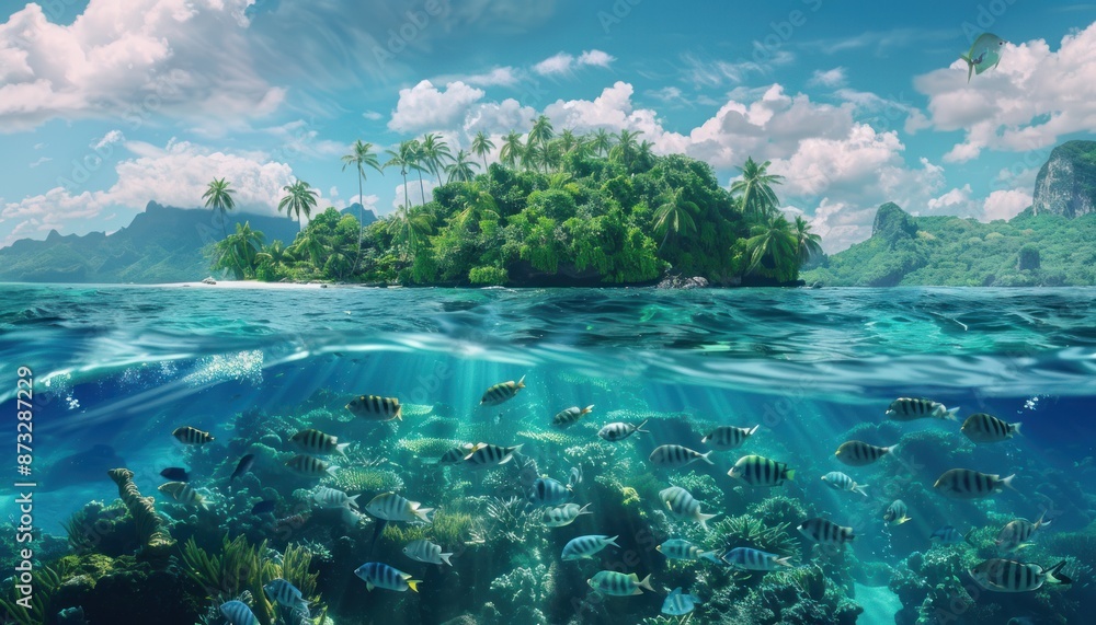 Fototapeta premium Tropical island paradise with lush vegetation, blue sky, crystal clear water, coral reef and colorful fish. Concept of vacation, summer holidays, and nature