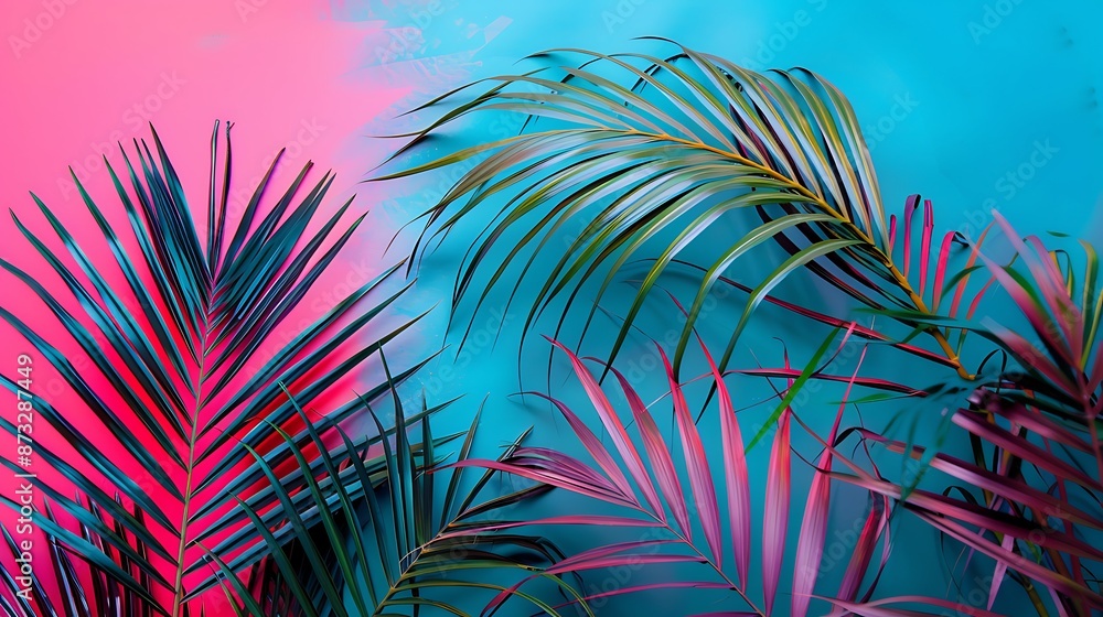Minimalistic palm tree leaves on a rose pink and royal blue background with vibrant colors Minimalistic palm tree leaves on a rose pink and royal blue background with vibrant colors