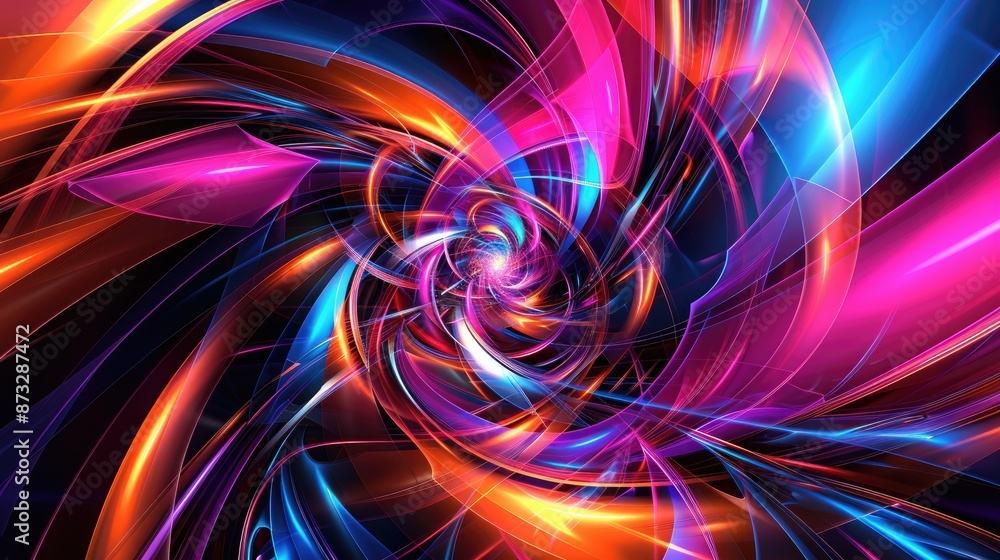 A fusion of neon-colored swirls and geometric prisms, creating a luminous and modern abstract artwork. A fusion of neon-colored swirls and geometric prisms, creating a luminous and modern abstract artwork.