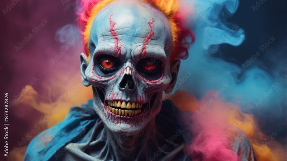 A skeleton with vibrant hair and makeup, adding a pop of color to the spooky look. A skeleton with vibrant hair and makeup, adding a pop of color to the spooky look.