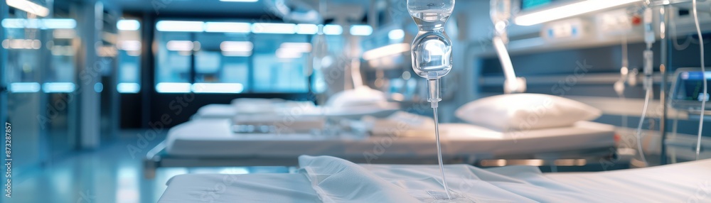 Modern hospital room with empty beds and IV stand in a clean and sterile environment, focused on patient readiness and medical equipment. Modern hospital room with empty beds and IV stand in a clean and sterile environment, focused on patient readiness and medical equipment.