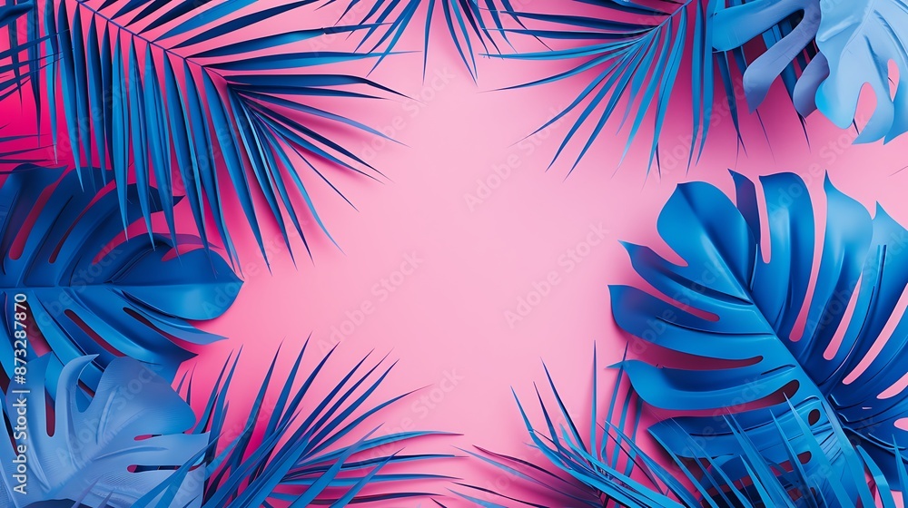 Minimalistic palm tree leaves on a rose pink and royal blue background with vibrant colors Minimalistic palm tree leaves on a rose pink and royal blue background with vibrant colors