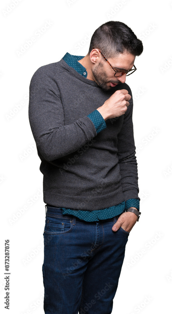 Young handsome man wearing glasses over isolated background feeling unwell and coughing as symptom for cold or bronchitis. Healthcare concept. Young handsome man wearing glasses over isolated background feeling unwell and coughing as symptom for cold or bronchitis. Healthcare concept.