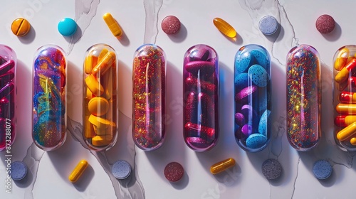 Close-up shots of innovative vitamin supplements in vibrant colors and unique shapes, displayed in sleek, modern packaging.