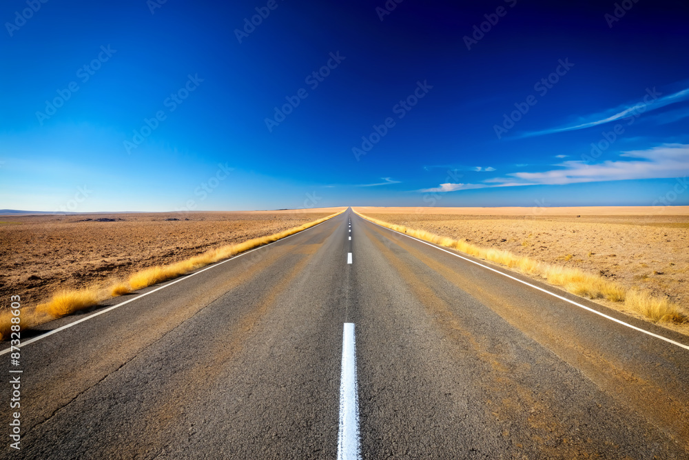 Straight asphalt highway stretches into the horizon, dissecting endless desert landscape under a vast, cloudless blue sky with a single, faded white center line. Straight asphalt highway stretches into the horizon, dissecting endless desert landscape under a vast, cloudless blue sky with a single, faded white center line.