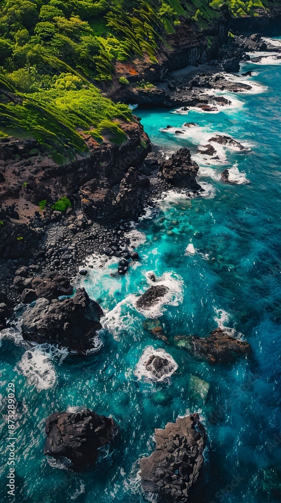 A beautiful view of the ocean and green cliffs. A beautiful view of the ocean and green cliffs.