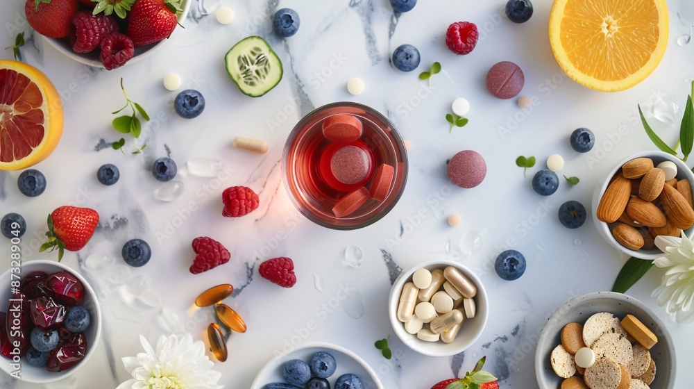 Creative shots of supplement-infused foods and beverages, such as vitamin-enriched water, protein bars, and nutrient-packed snacks. Creative shots of supplement-infused foods and beverages, such as vitamin-enriched water, protein bars, and nutrient-packed snacks.