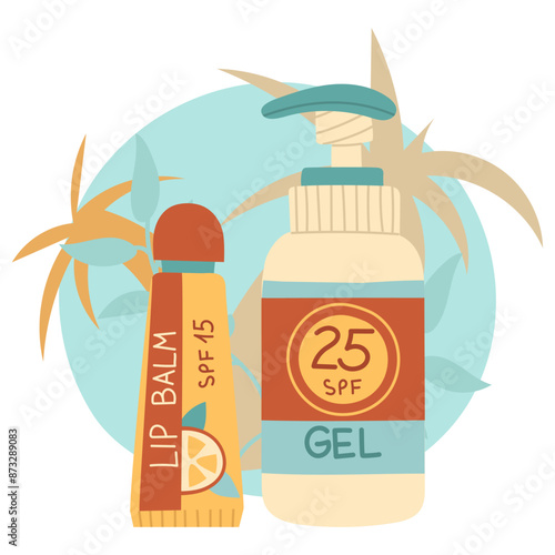 sunscreen lip balm and gel. Jars in a closed tube. Cosmetics. Face and lip care products. The icon of the jar with Spf aqua cream. A vector object in a flat style. Tropical leaves. An isolated object