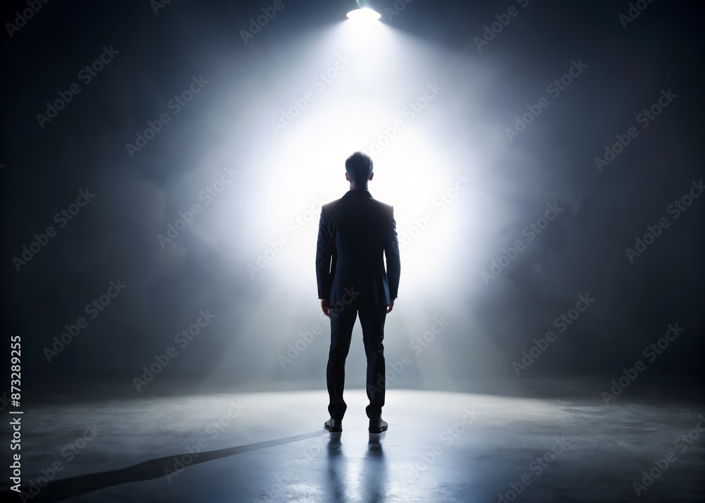 Fototapeta premium Mysterious dark silhouette of a man stands in shadows, powerful studio light casting a dramatic backlight, creating an enigmatic and introspective atmosphere.