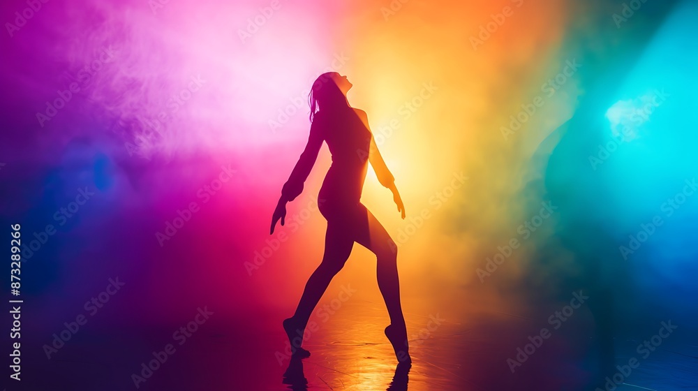 Minimalistic silhouette of a dancer under a vibrant spotlight, with a softly diffused colorful background. Minimalistic silhouette of a dancer under a vibrant spotlight, with a softly diffused colorful background.