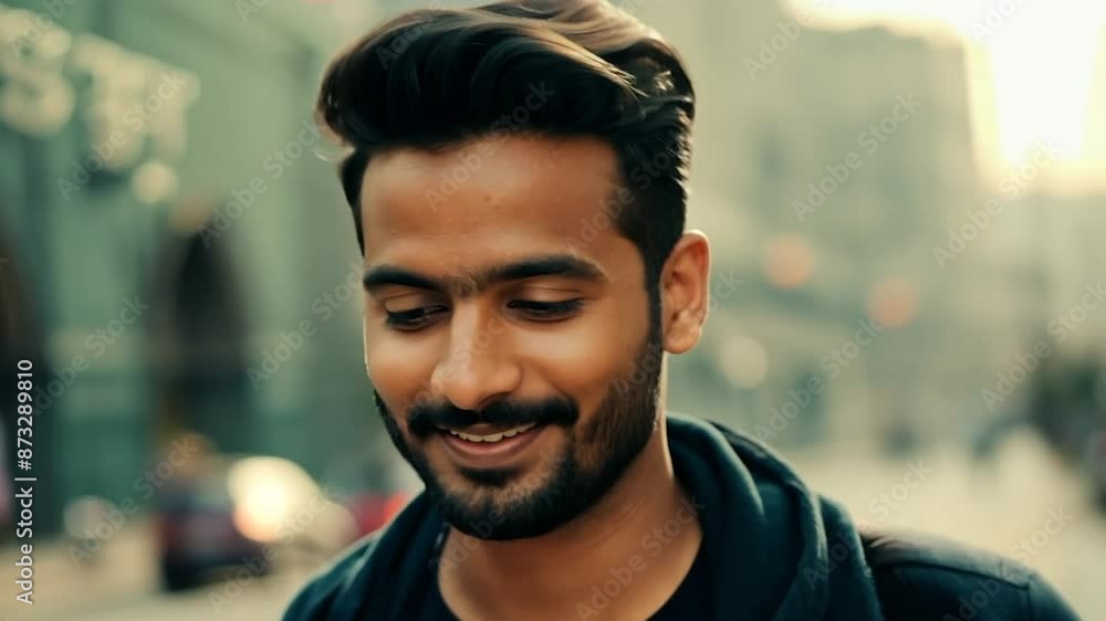 Man smiling happy face portrait on a city street Man smiling happy face portrait on a city street