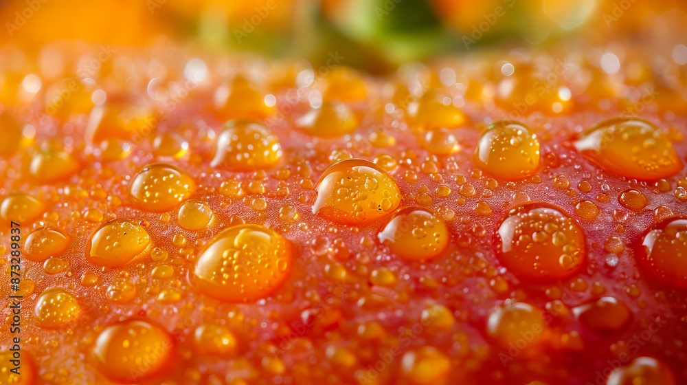 A close up of a tomato with water droplets. A close up of a tomato with water droplets.