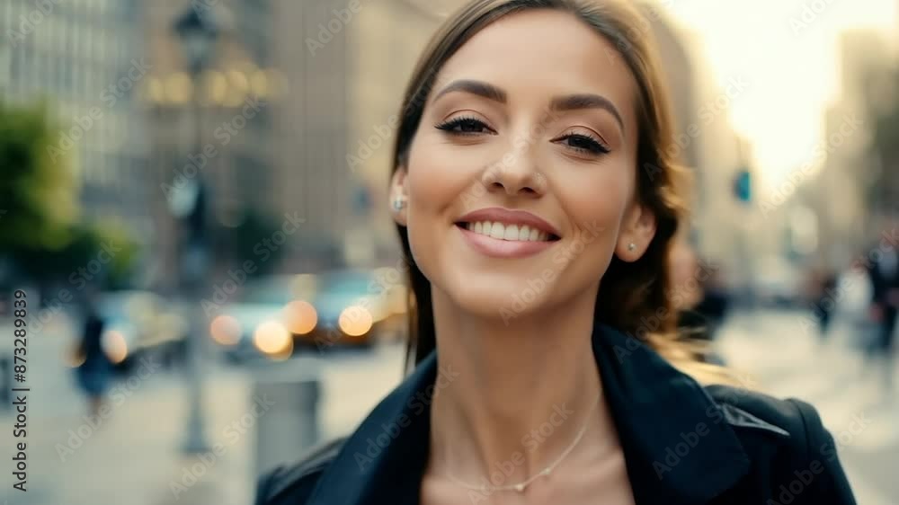 Woman smiling happy face portrait on a street Woman smiling happy face portrait on a street