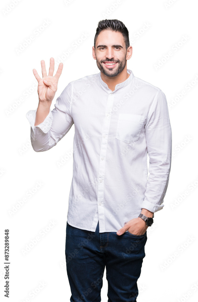 Young business man over isolated background showing and pointing up with fingers number four while smiling confident and happy. Young business man over isolated background showing and pointing up with fingers number four while smiling confident and happy.