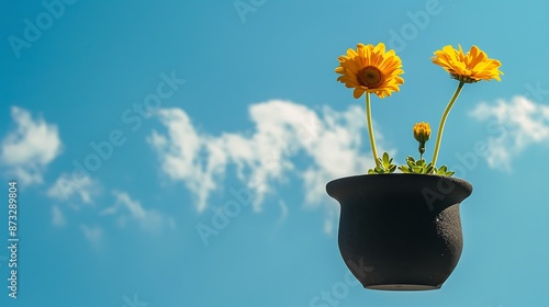 black flowerpot floating at blue sky, isolated, vibrant, clear, single, sunlight. photo