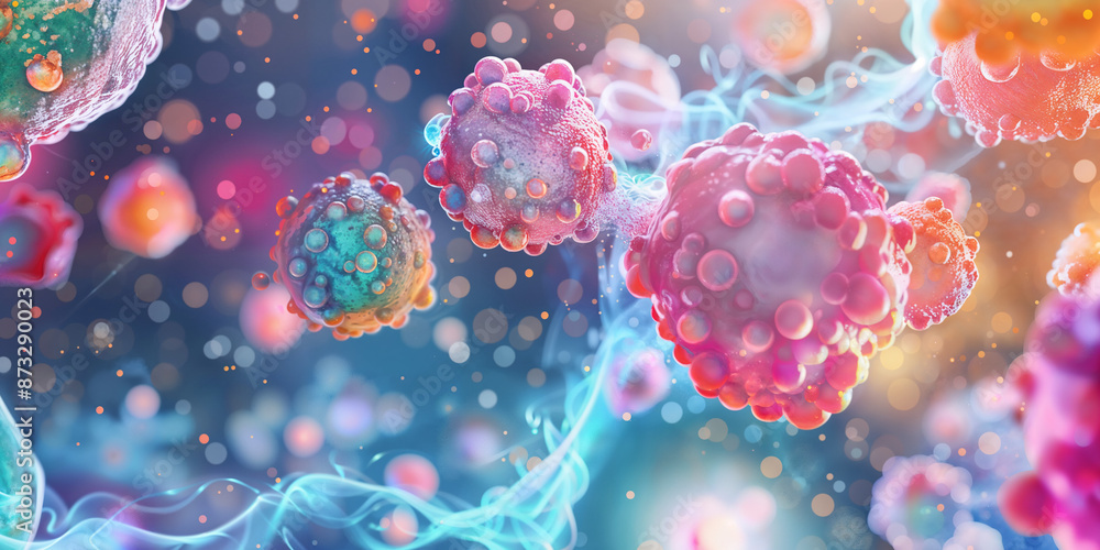 Colorful microscopic cancer cells with electric blue strands Colorful microscopic cancer cells with electric blue strands
