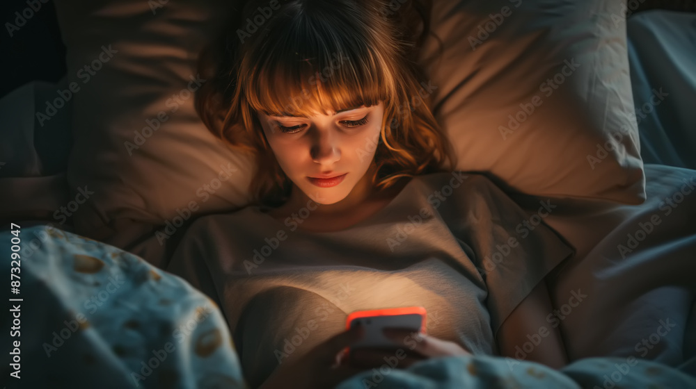 Woman in Bed Using Smartphone at Night, Illuminated Face, Cozy Indoor Scene, Captivating Nighttime Moment For Modern Lifestyle and Connectivity Concepts Woman in Bed Using Smartphone at Night, Illuminated Face, Cozy Indoor Scene, Captivating Nighttime Moment For Modern Lifestyle and Connectivity Concepts