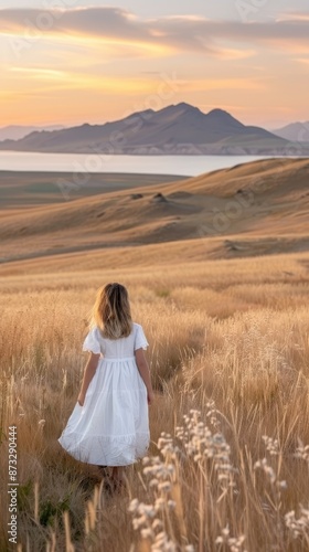Wallpaper Mural A woman in a white dress walks through tall grass in a field overlooking a lake. The sky is a beautiful shade of orange and pink as the sun sets Torontodigital.ca