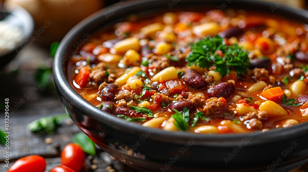 A bowl of chili with beans and tomatoes. A bowl of chili with beans and tomatoes.