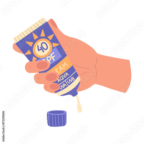 jar of sunscreen in your hand. Cream is squeezed out, the lid is open. Cosmetics. Face and body care products. The icon of the Spf 40 cream jar. A vector object in a flat style. Isolated object