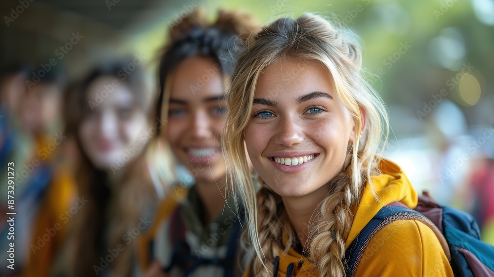 A group of cheerful girls with backpacks, dressed in casual attire, enjoying their time outdoors, creating a mood of friendship and adventure in a sunny environment. A group of cheerful girls with backpacks, dressed in casual attire, enjoying their time outdoors, creating a mood of friendship and adventure in a sunny environment.