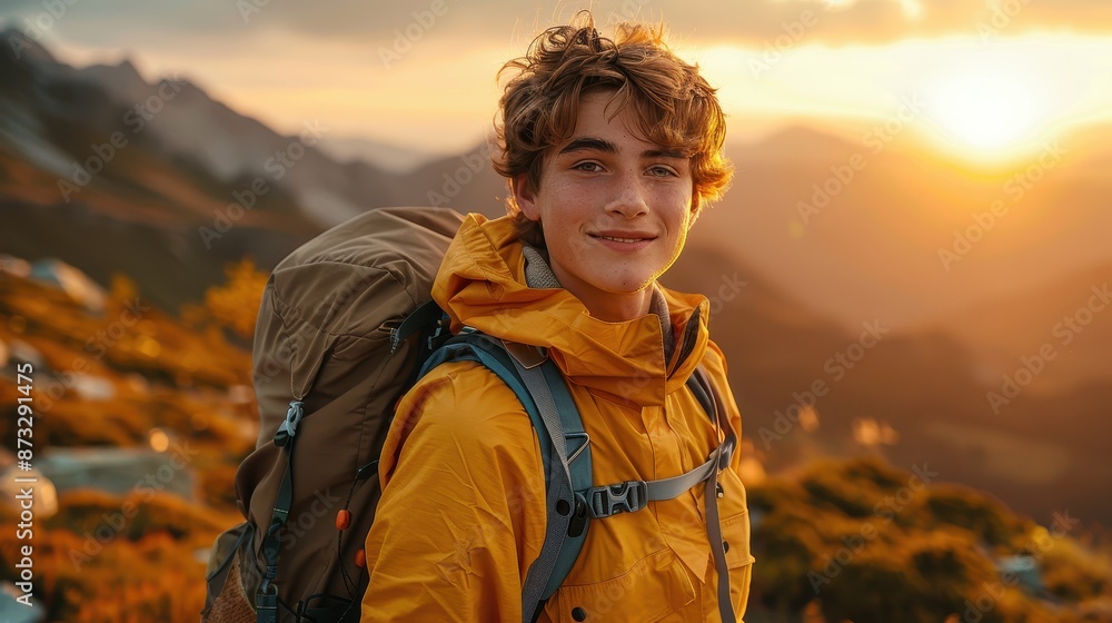 A young adventurer equipped with a backpack, hiking through mountains at sunset, personifies exploration and the allure of the wilderness in his vibrant garb. A young adventurer equipped with a backpack, hiking through mountains at sunset, personifies exploration and the allure of the wilderness in his vibrant garb.
