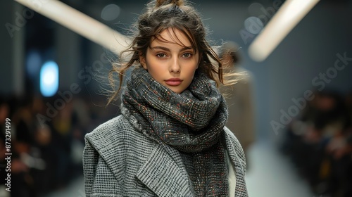 Wallpaper Mural An elegant model struts down the runway in a stylish winter outfit, donning a beautifully layered scarf and coat set, embodying modern chic and sophistication. Torontodigital.ca