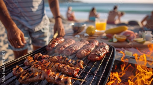 Fototapeta Naklejka Na Ścianę i Meble -  A person at a beach barbecue is grilling various types of meat on a portable grill, with guests relaxing in the background and the ocean visible nearby.