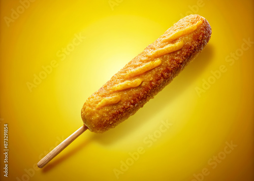 Golden corn dog on a stick, crispy battered exterior, juicy hot dog inside, perfectly lit on a vibrant yellow background, nostalgic fairground snack. photo