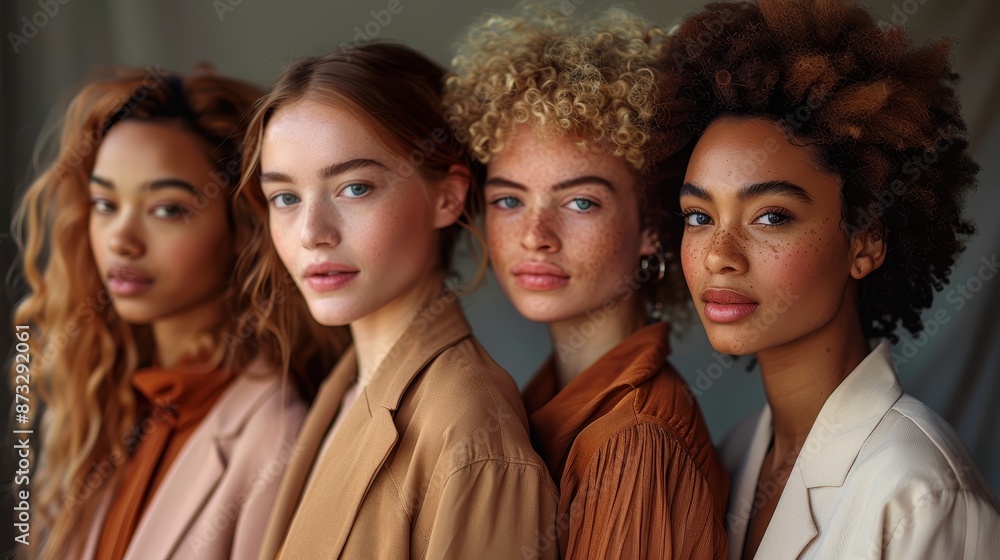 Four women with varying curly hairstyles and natural beauty stand together, showcasing diversity, fashion, and strength, blending traditional and contemporary styles seamlessly. Four women with varying curly hairstyles and natural beauty stand together, showcasing diversity, fashion, and strength, blending traditional and contemporary styles seamlessly.