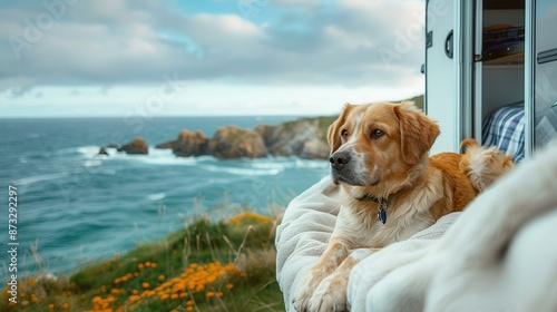 A golden retriever basks in the comfort of a camper van, delivering pure bliss as it gazes out over a beautiful ocean view from a cliff, decorated with vibrant flowers. photo