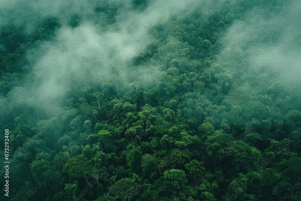 Aerial view of dark green forest with misty clouds. The rich natural ecosystem of rainforest concept of natural forest conservation and reforestation - generative ai Aerial view of dark green forest with misty clouds. The rich natural ecosystem of rainforest concept of natural forest conservation and reforestation - generative ai