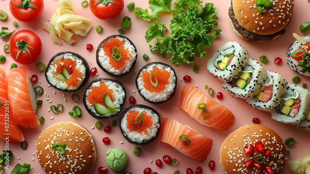 Mouth-watering food patterns like pizza slices, burgers, and sushi rolls for culinary blogs. , Minimalism, Mouth-watering food patterns like pizza slices, burgers, and sushi rolls for culinary blogs. , Minimalism,