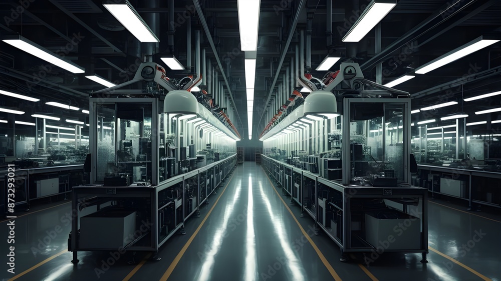 A modern factory floor with automated processes and efficient production lines, continuous improvement, planning A modern factory floor with automated processes and efficient production lines, continuous improvement, planning