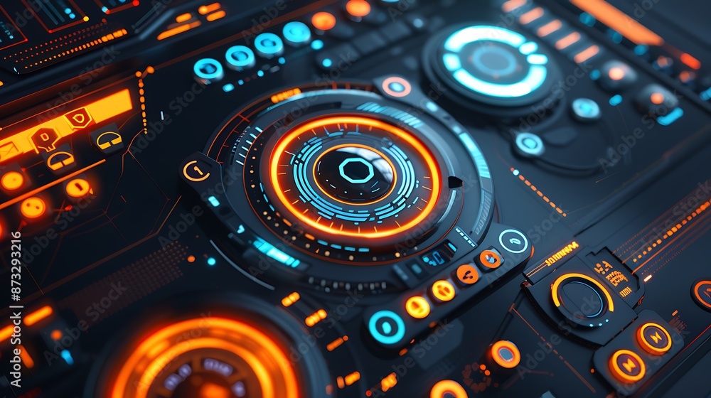 Modern tech-themed interface with frosted glass buttons in blue and orange, on a black background. Modern tech-themed interface with frosted glass buttons in blue and orange, on a black background.
