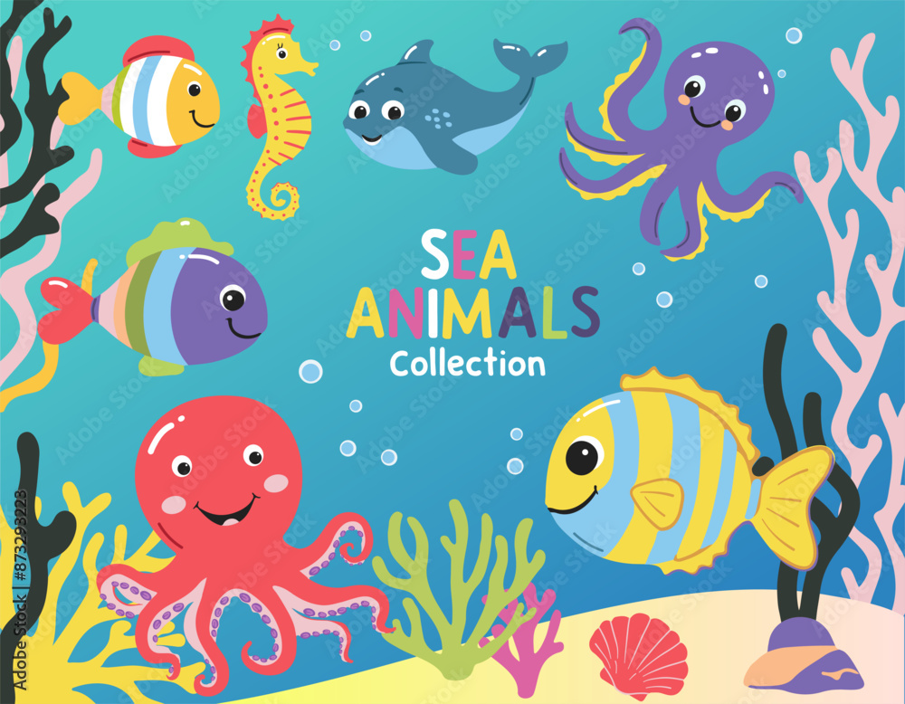 Obraz premium Wild marine animals. Inhabitants of the sea, cute, funny underwater crabs, octopus, seahorse. Flat cartoon illustration. Underwater scene with sea life