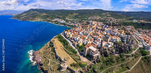 Sardegna, Italy. beautiful medieval coastal town Castelsardo in the north of the island, province of Sassari. Aerial drone panoramic view