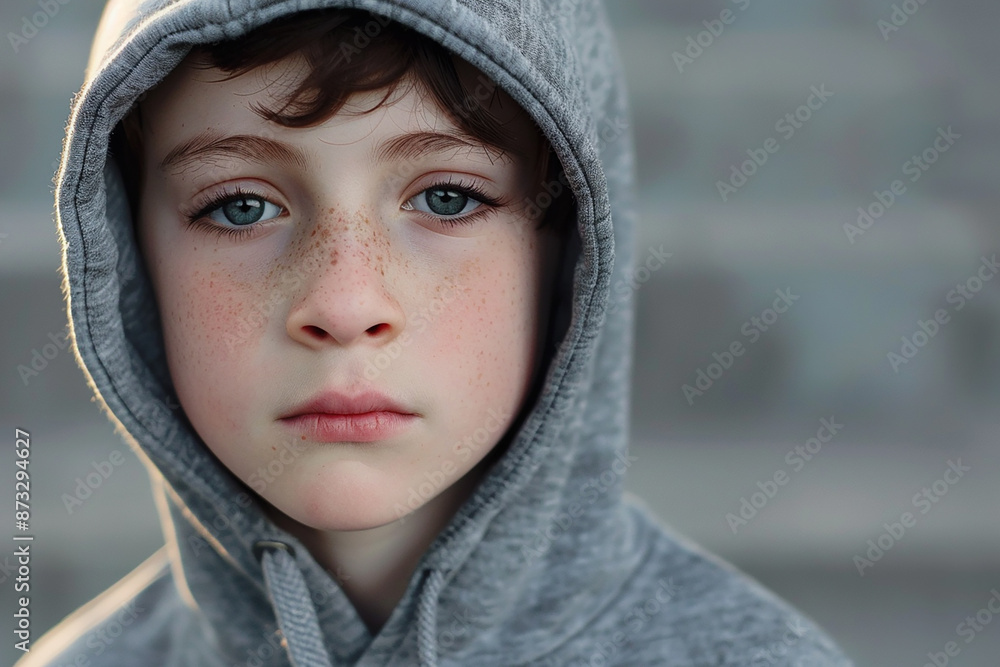 A solemn boy in a grey hoodie stares directly into the camera with a serious expression, his face speckled with freckles, creating a contemplative and pensive mood. A solemn boy in a grey hoodie stares directly into the camera with a serious expression, his face speckled with freckles, creating a contemplative and pensive mood.