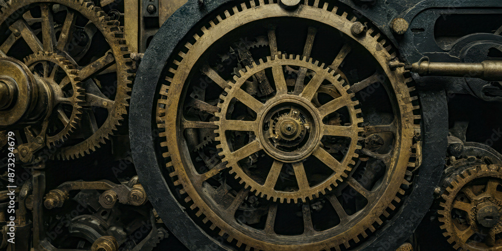 A close-up view of a complex system of gears interlocked and rotating on a large industrial machine A close-up view of a complex system of gears interlocked and rotating on a large industrial machine